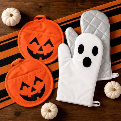 FYSUIMU 4Pcs Halloween Oven Mitts and Pot Holders Set, Evil Pumpkin Ghost