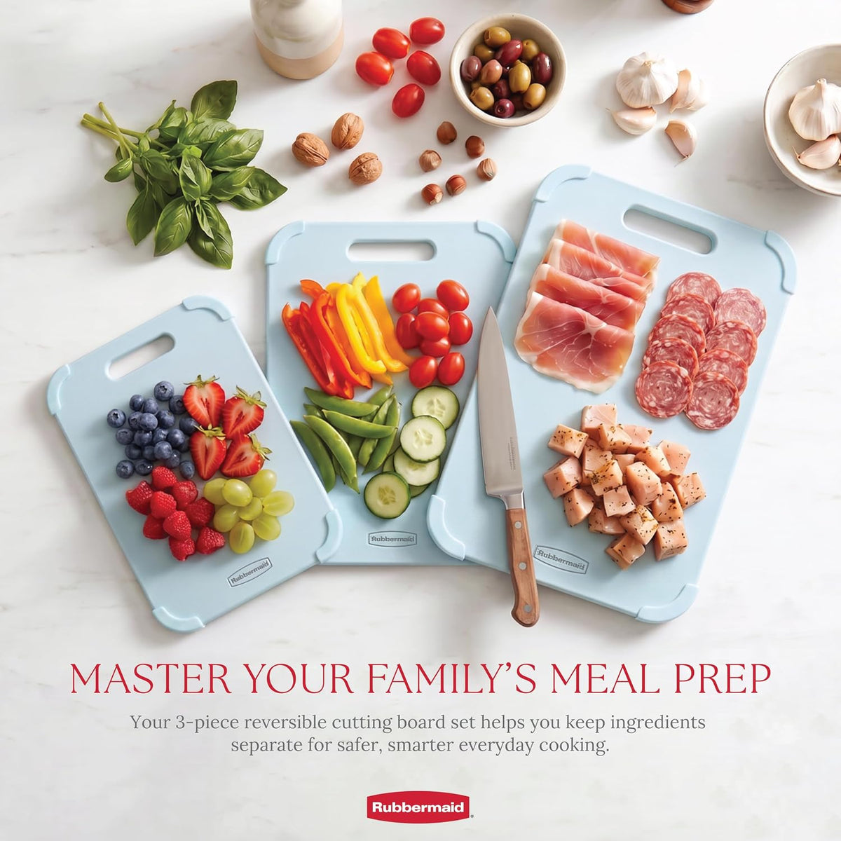 Rubbermaid 3pc Reversible Wheat Fiber Cutting Board Set | BPA Free Non Toxic Cutting Boards for Kitchen – Dishwasher Safe, Non-Slip Corners & Lightweight | For Meat, Veggies & Fruits
