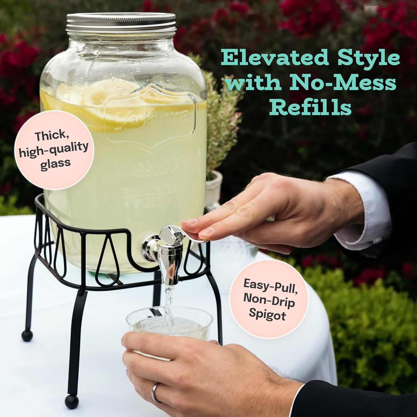 Estilo Gallon Drink Dispenser with Stand - Glass Beverage Dispenser with Stand for Weddings - Sun Tea Jar with Spigot 1 Gallon - Countertop Glass Water Dispenser for Lemonade and Parties