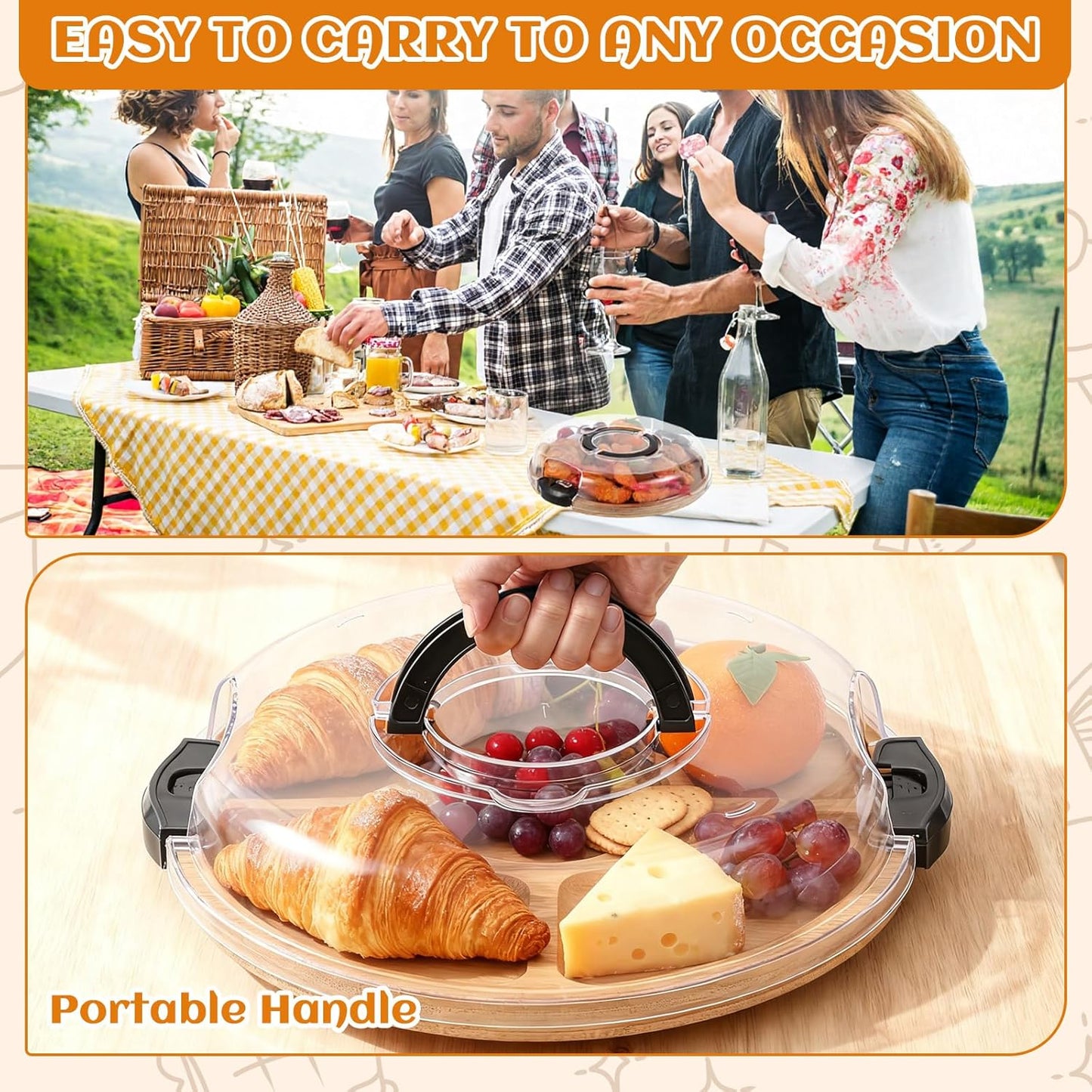 LemonRoad Rotating Charcuterie Board with Lid, 13.5 Inch Round Lazy Susan Cheese Board Portable Bamboo Serving Tray with Compartments, Housewarming Gift for Women Picnic Party Supplies
