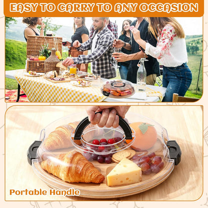 LemonRoad Rotating Charcuterie Board with Lid, 13.5 Inch Round Lazy Susan Cheese Board Portable Bamboo Serving Tray with Compartments, Housewarming Gift for Women Picnic Party Supplies