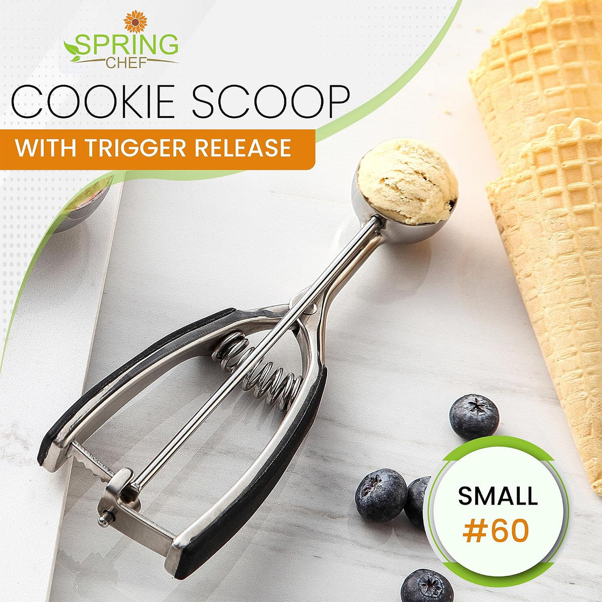 Spring Chef Extra Large Stainless Steel Cookie Scoop, #10, 5.5 Tbsp, Black