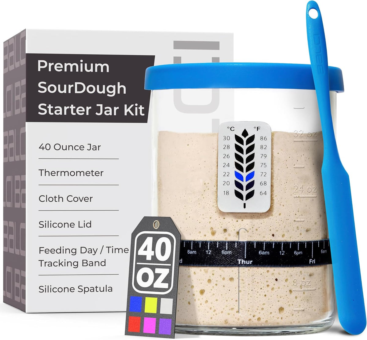 BALCI Premium Sourdough Starter Jar - 40oz Wide Mouth Kit (Blue)