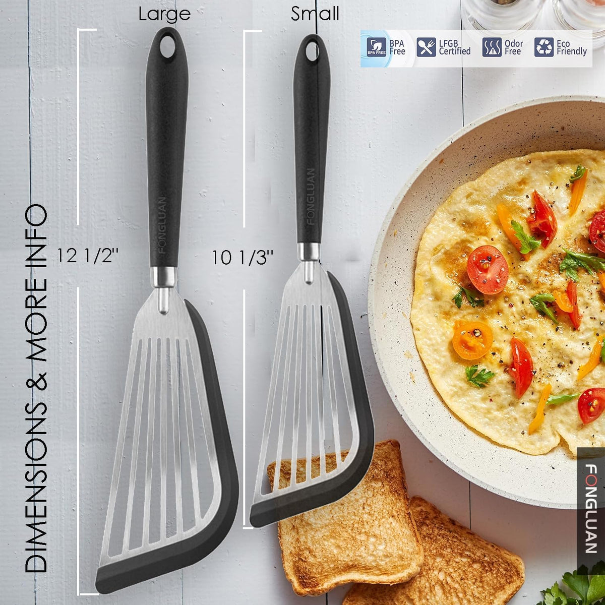 Stainless-Steel Slotted Flex Fish Turner, Set of 2, Kitchen Spatulas for Nonstick Cookware, Cooking Utensils for Flipping Eggs & Pancakes, Heat-Resistant, BPA Free, Dishwasher Safe, Black
