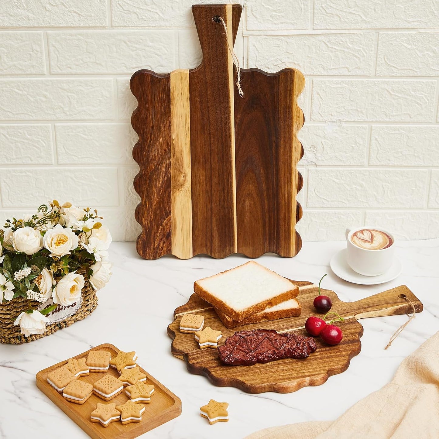Novabright 2 Pcs Acacia Wood Scalloped Cutting and Chopping Board with Handle Decorative Cutting Boards for Kitchen Wooden Charcuterie Boards Serving Tray for Cheese Meat Fruit Bread Baking