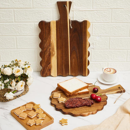 Novabright 2 Pcs Acacia Wood Scalloped Cutting and Chopping Board with Handle Decorative Cutting Boards for Kitchen Wooden Charcuterie Boards Serving Tray for Cheese Meat Fruit Bread Baking