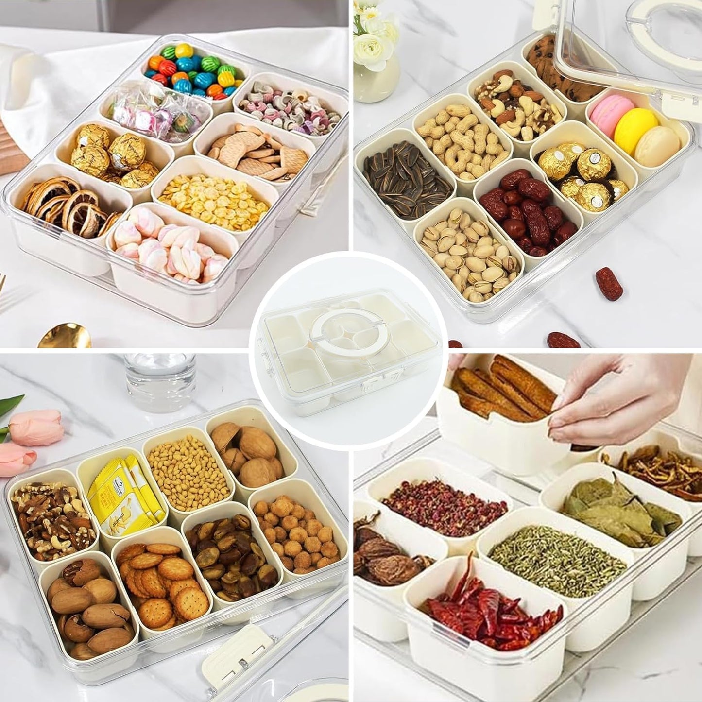 Snackle Box Container, 8 Compartment Divided Serving Tray with Lid and Handle, Snack Box Container for Candy, Fruit and Snacks, Great for Gatherings, Outings, Parties and Entertaining（Pink）