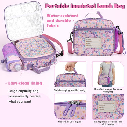 Bento Lunch Box for Kids with 7oz Soup Thermo,Insulated Stainless Steel Kids Water Bottle with Straw and Insulated Lunch Bag,Leak-Proof Lunch Food Container with Ice Pack for School (Purple-Mermaid)
