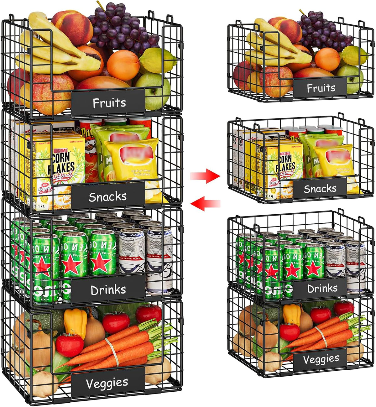 JKsmart 8-Tier Stackable Wire Basket, Can Organizer for Pantry Kitchen, XXL Metal Storage Shelves with Dividers & Handles, Easy Assembly Space Saving Storage Bins for Snacks Fruits Veggies