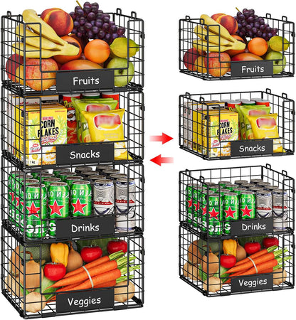 JKsmart 8-Tier Stackable Wire Basket, Can Organizer for Pantry Kitchen, XXL Metal Storage Shelves with Dividers & Handles, Easy Assembly Space Saving Storage Bins for Snacks Fruits Veggies