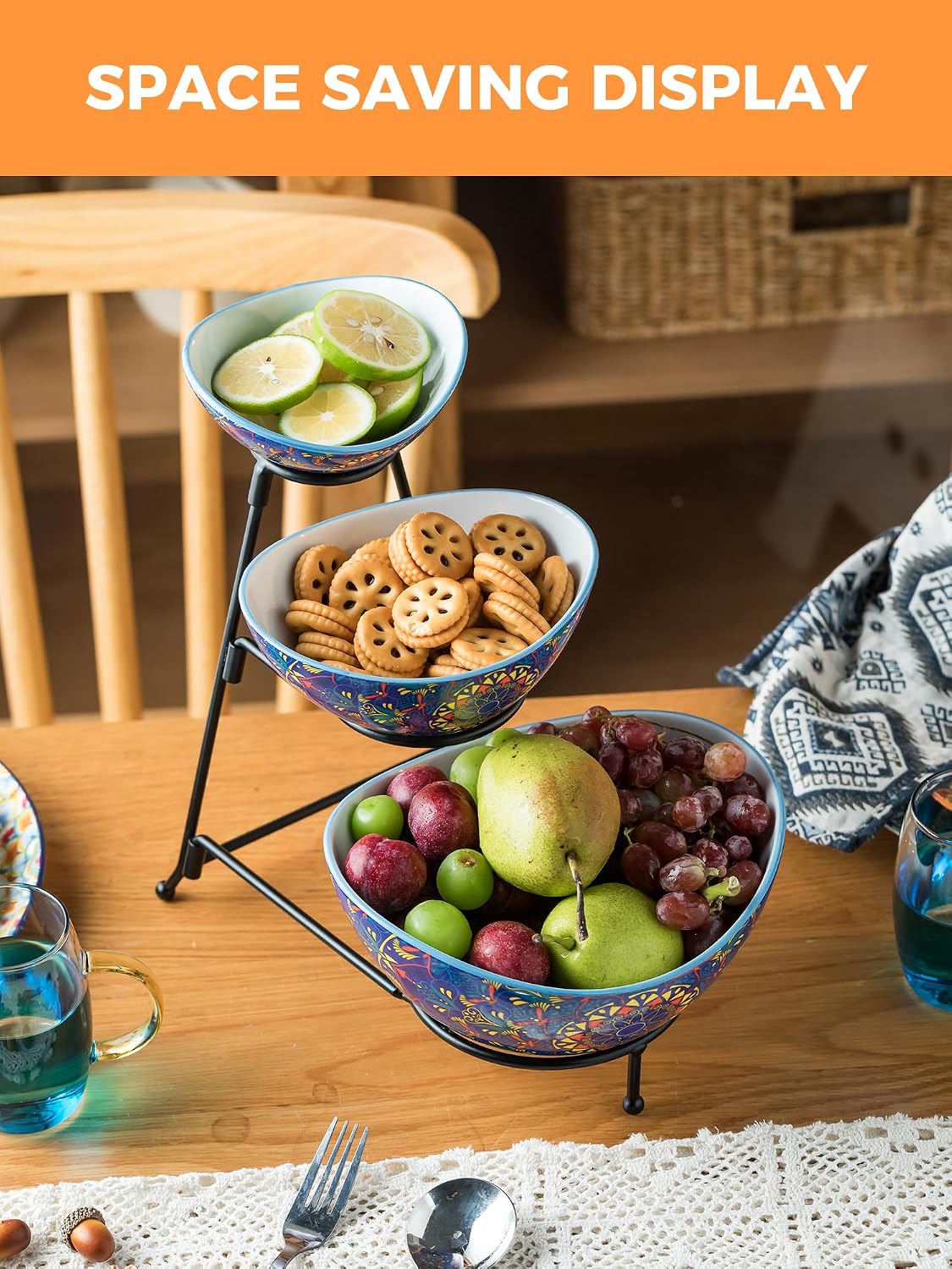 YHOSSEUN 3 Tier Serving Stand Oval Serving Bowl with Metal Rack, Tied Serving Bowls Food Display Dessert Appetizer, Chip and Dip Serving Bowl Set for Parties, Gold-45oz / 17.5oz / 7oz