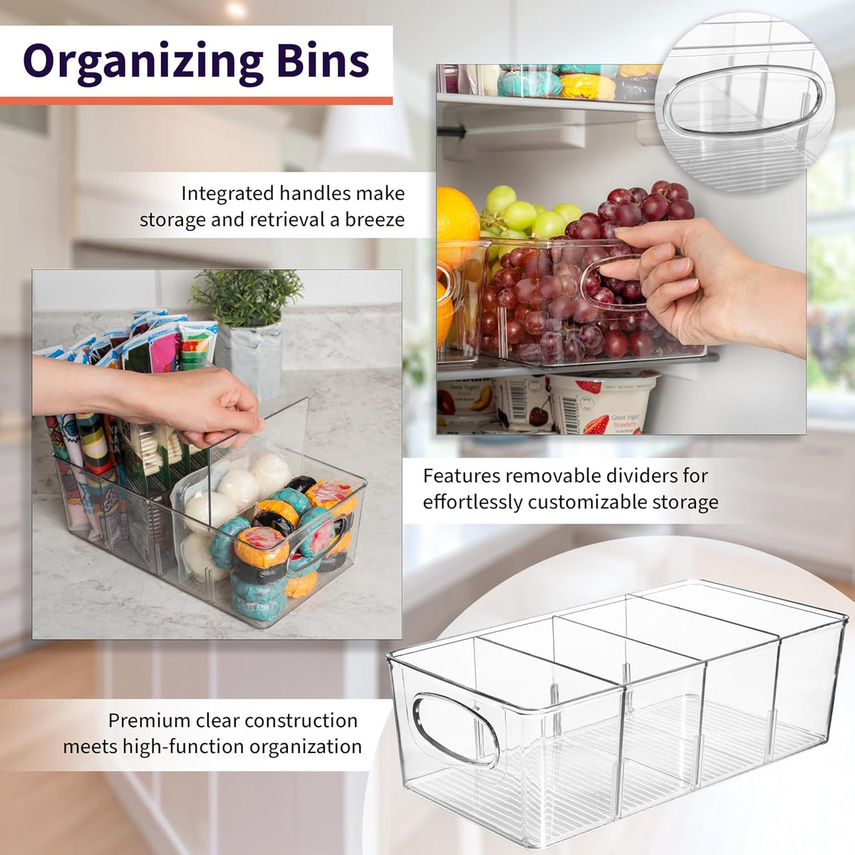 ClearSpace Plastic Pantry Organization and Storage Bins with Removable Dividers – Perfect Kitchen Organization or Kitchen Storage – Refrigerator Organizer Bins, Cabinet Organizers (4 Pack XL)