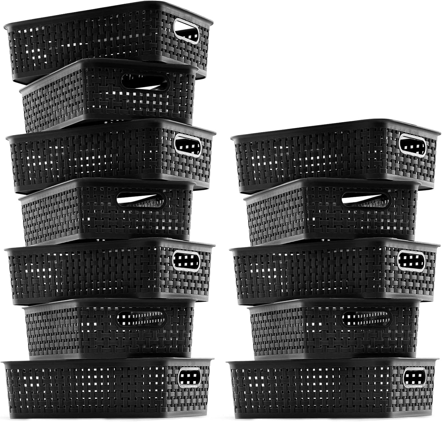 [ 12 Pack ] Plastic Storage Baskets, Small Pantry Organization and Storage Bins, Household Organizers for Laundry Room, Bathrooms, Kitchens, Cabinets, Countertop, Under Sink or Shelves, Black