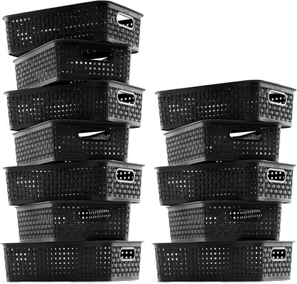 [ 12 Pack ] Plastic Storage Baskets, Small Pantry Organization and Storage Bins, Household Organizers for Laundry Room, Bathrooms, Kitchens, Cabinets, Countertop, Under Sink or Shelves, Black
