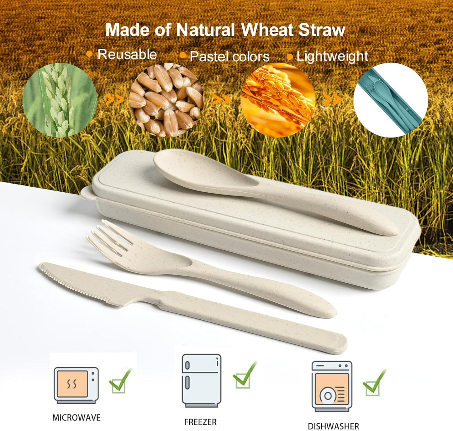 Travel Utensils with Case, 2 Sets Reusable Utensils Set with Case, Wheat Straw Utensils for Lunch Box Accessories, Camping Utensil Set for School Work Lunch or Daily Use（Black）