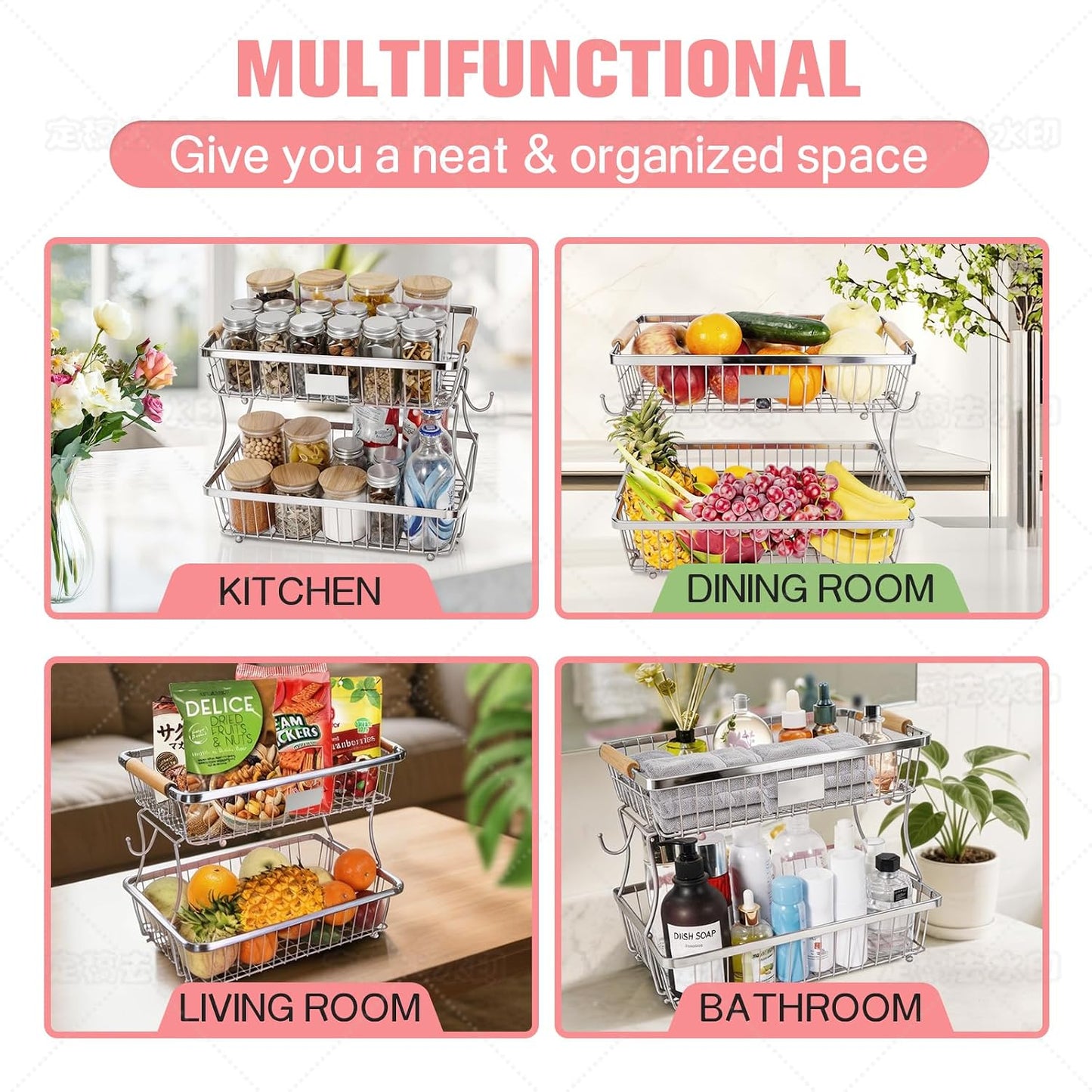 Fruit Basket Bowl 2 Tier Detachable with 2 Banana Hangers, Fruit Stand Holder for Kitchen Countertop, Metal Wire Vegetable Storage Organizer, for Bread Snack Veggies Produce, Black