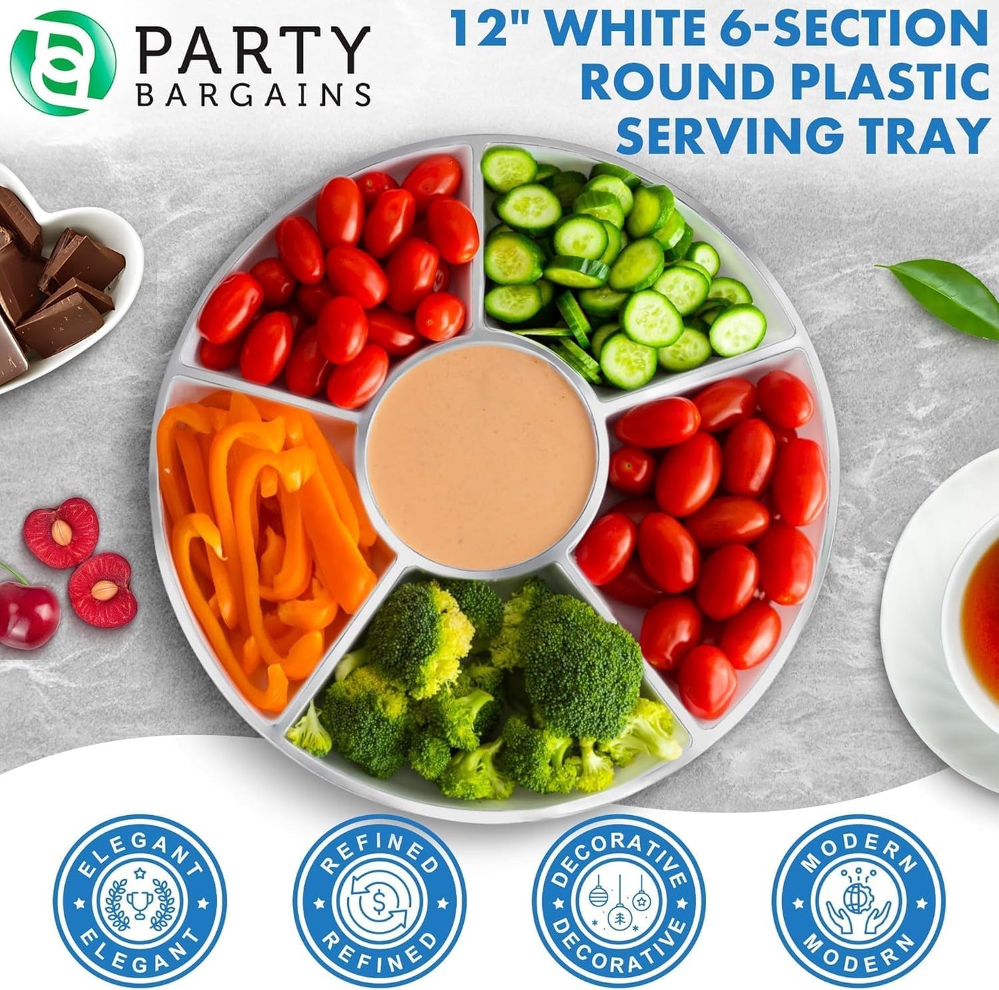 PARTY BARGAINS 12" Round Plastic Serving Tray, 6-Sections, Clear, Pack of 1