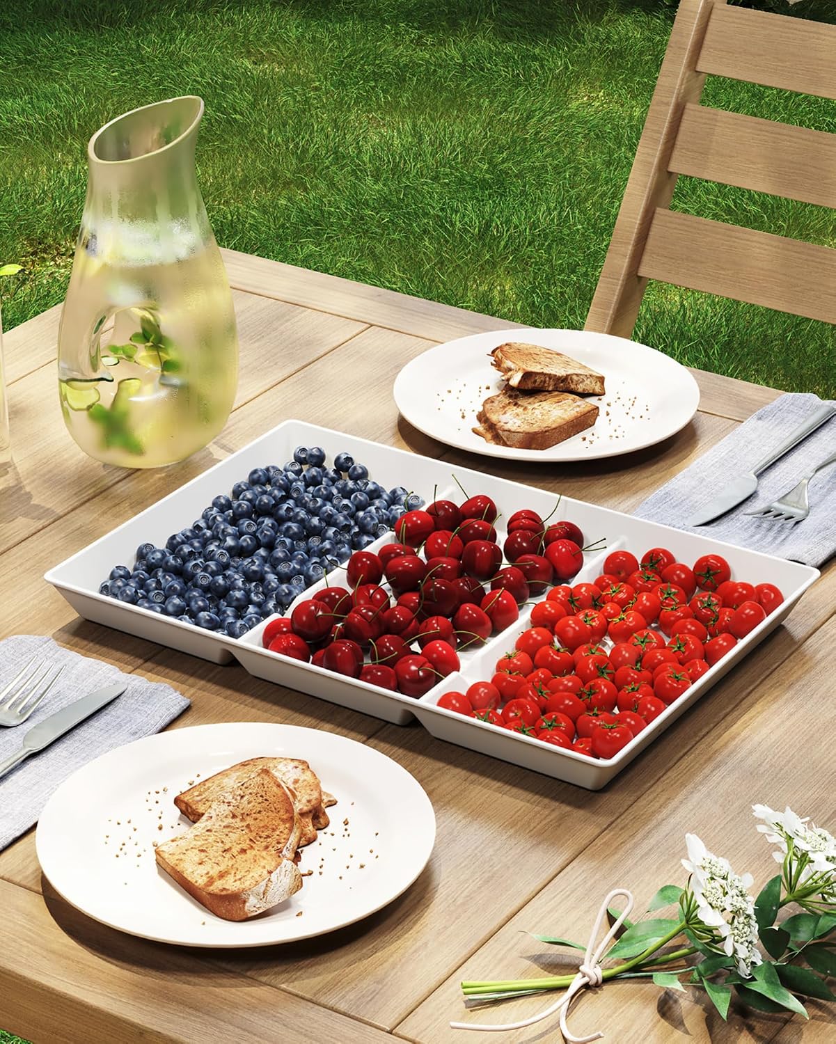 Lifewit Serving Tray Divided for Party Supplies, 4 PCS 15" x 10" Plastic Platters for Serving Food, White Reusable Tray for Veggie, Snack, Fruit, Cookies, Desserts in Kitchen/Pantry