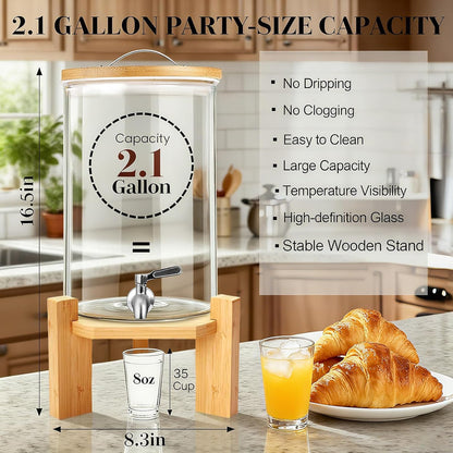 2.1 Gallon Drink Dispenser for Party,Glass Beverage Dispenser With Stand,Large Water Drink Dispensers for Parties with Anti-blocking Spigot,Party Drink Dispenser for Lemonade,Juice, Iced Tea