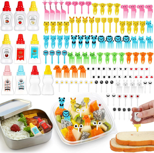 130 Pcs Bento Box Accessories for Kid Including 8 Pcs Plastic Portable Mini Ketchup Bottles 2 Pcs Bear Shaped Condiment Squeeze Bottle 120 Pcs Animal Food Picks for Salad Dressing Soy Sauce