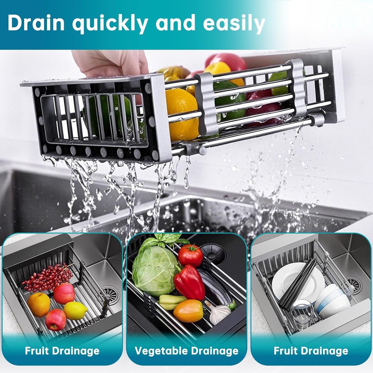 Dish Drying Rack, Over The Sink Dish Drying Rack, Stainless Steel Dish Drainer with Adjustable Arms Holder Functional Kitchen Sink Organizer for Vegetable and Fruit
