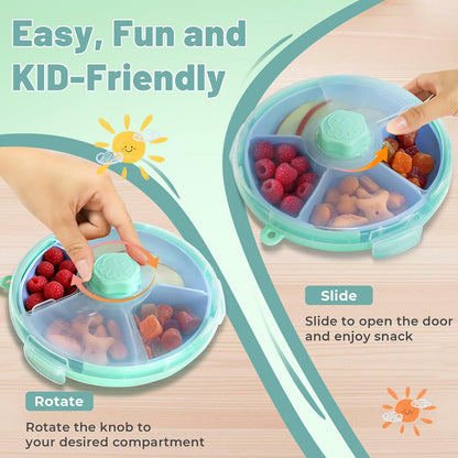 KingKam Kids Snack Spinner Containers, Reusable Toddler Spin Snack Container Box with 4 Compartments & Lid, BPA Free Food Grade Silicone Tray Dishwasher Safe, Travel Snacking Accessories (Blue/Green)
