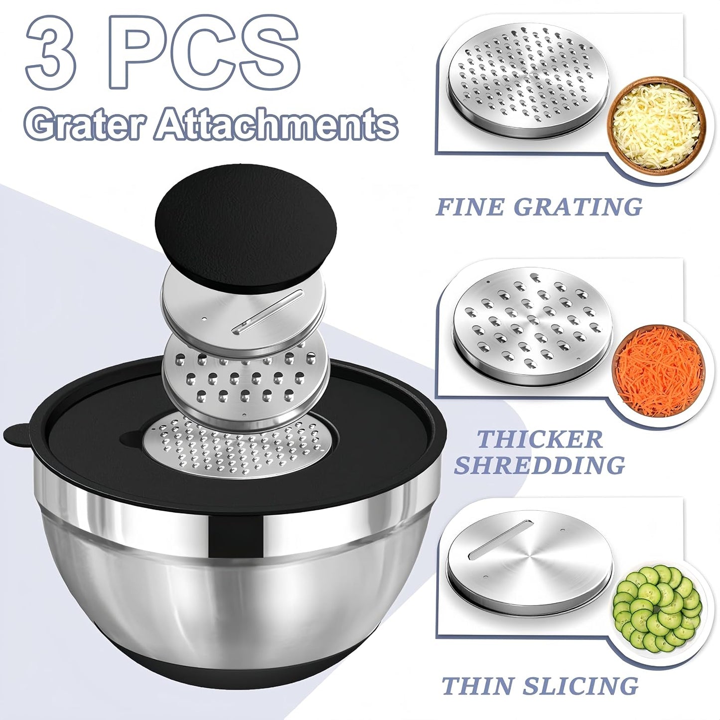 Mixing Bowls with Lids Set,7PCS Stainless Steel Bowls with 3 Grater Attachments and Measuring Spoons,Ideal for Kitchen Cooking & Serving,Non-slip Bottoms Size 6, 4, 3, 2.1,1.5,1,0.63QT (Black)