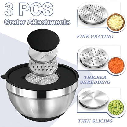 Mixing Bowls with Lids Set,7PCS Stainless Steel Bowls with 3 Grater Attachments and Measuring Spoons,Ideal for Kitchen Cooking & Serving,Non-slip Bottoms Size 6, 4, 3, 2.1,1.5,1,0.63QT (Black)