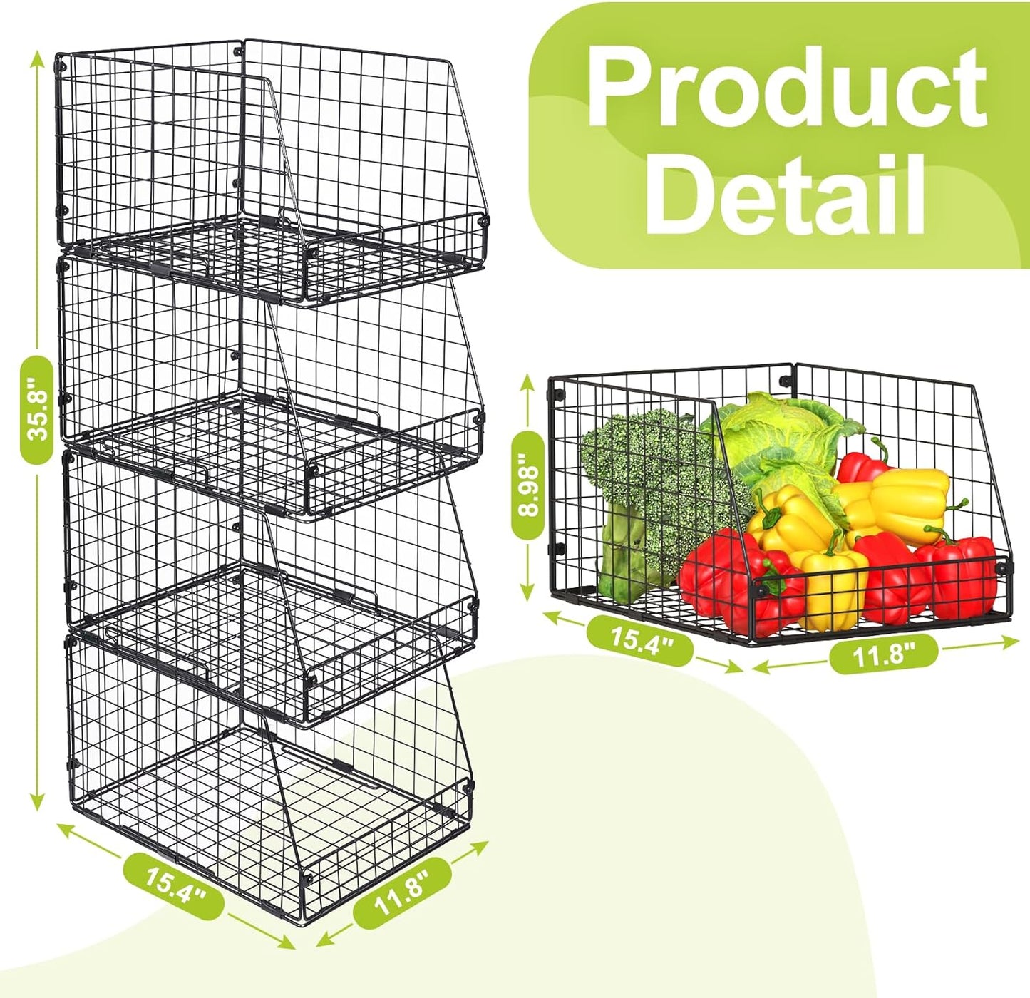 Jakyitvi 5 Pack XXL Stackable Wire Storage Basket, Extra Large Capacity Pantry Organizer and Storage, Muti-Purpose for Fruit Vegetable Basket & Toy Bin & Snack Organizer