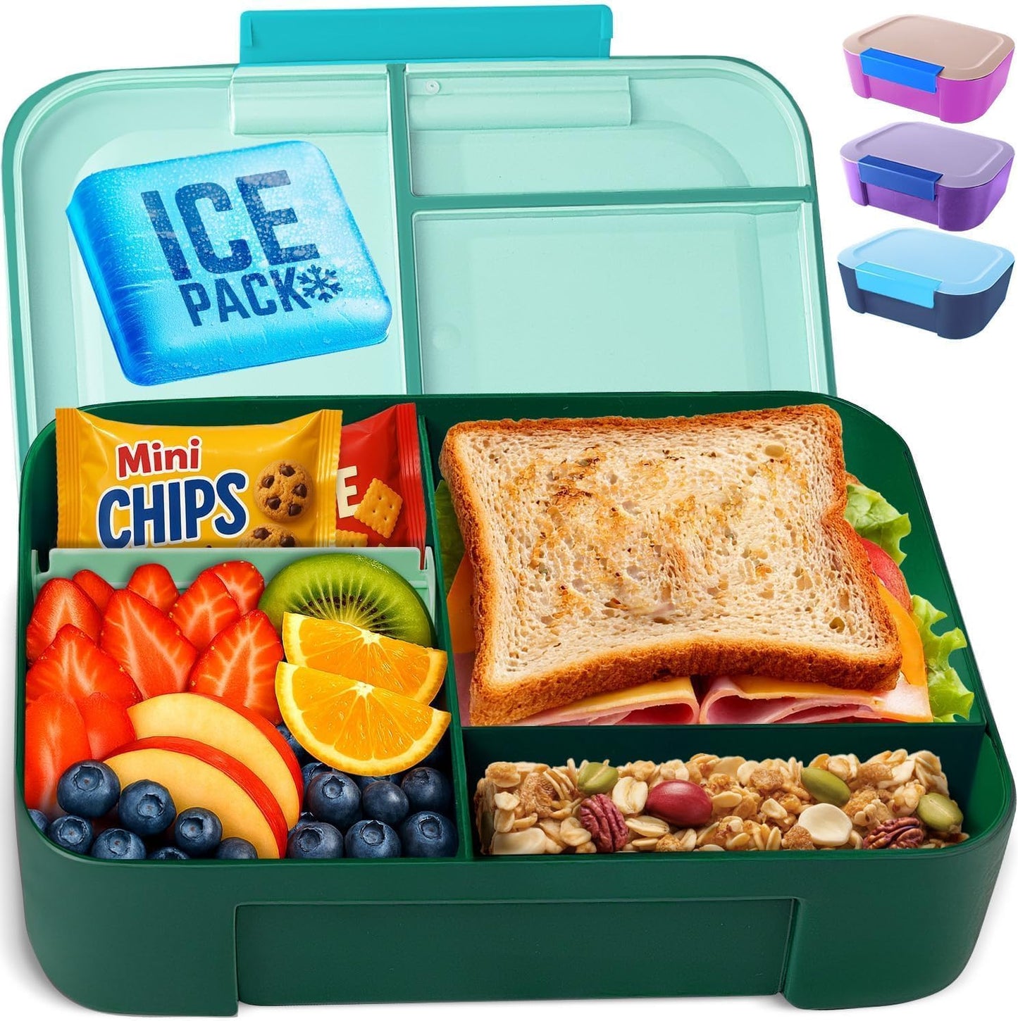 KARRICO Leakproof Lunch Box – 3-Compartment Bento Box, Cooler Pack & Adjustable Divider, Extra Large & BPA-Free – Dishwasher Safe, Ideal for On-the-Go Meals, Green
