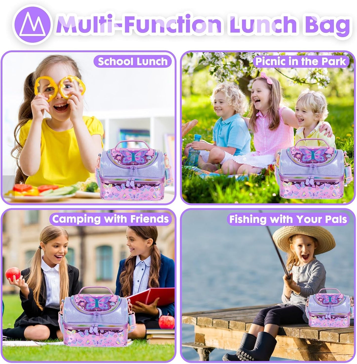Kids Double Decker Cooler Insulated Lunch Bag, Back to School Large Meal Tote for Boys, Girls, Men, Women, with Adjustable Strap, Soccer