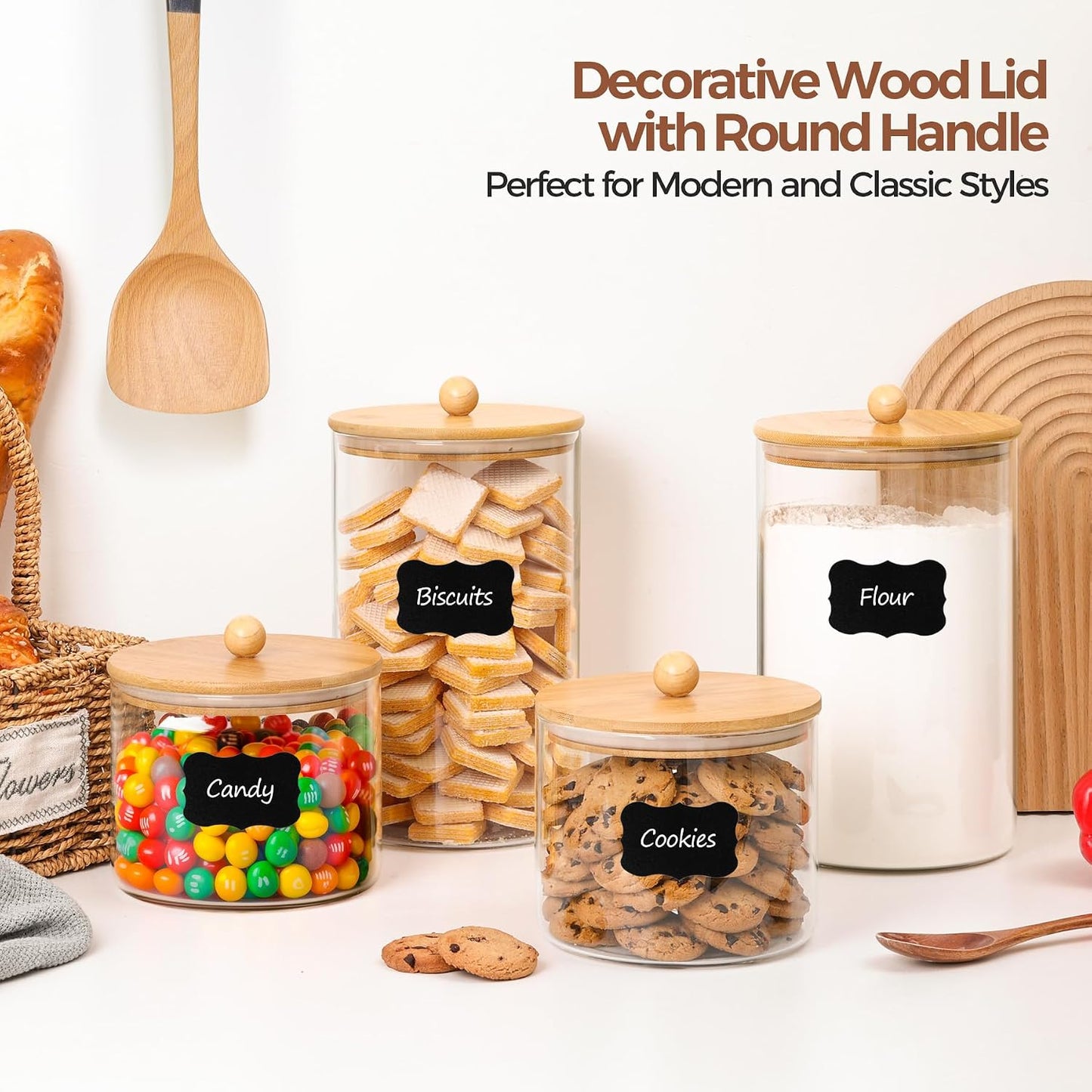 ComSaf Glass Storage Jars with Bamboo Lids 4.6 Qt 2 Pack Large Wide Mouth | Pantry organization, Flour Sugar Coffee Beans, Pasta Cereal Dry Food, 1.2 Gallon, Cabinet Organization, Dry Food Storage