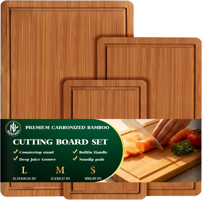 Bamboo Cutting Board Set, Carbonized Wood Chopping Boards with Juice Groove & Non-Slip Feet, Large Wooden Boards for Meat, Cheese Charcuterie, Christmas Gift for Home