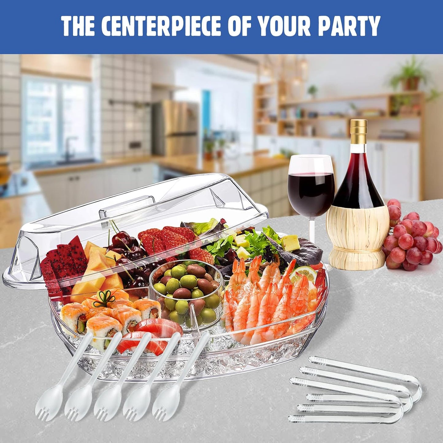 LIMOEASY Chilled Veggie Tray, 15 Inch Clear Party Platter with 4 Compartments, Ice Serving Bowl with Lid, Cold Food Buffet Server for Fruit, Vegetable, Appetizer, Shrimp