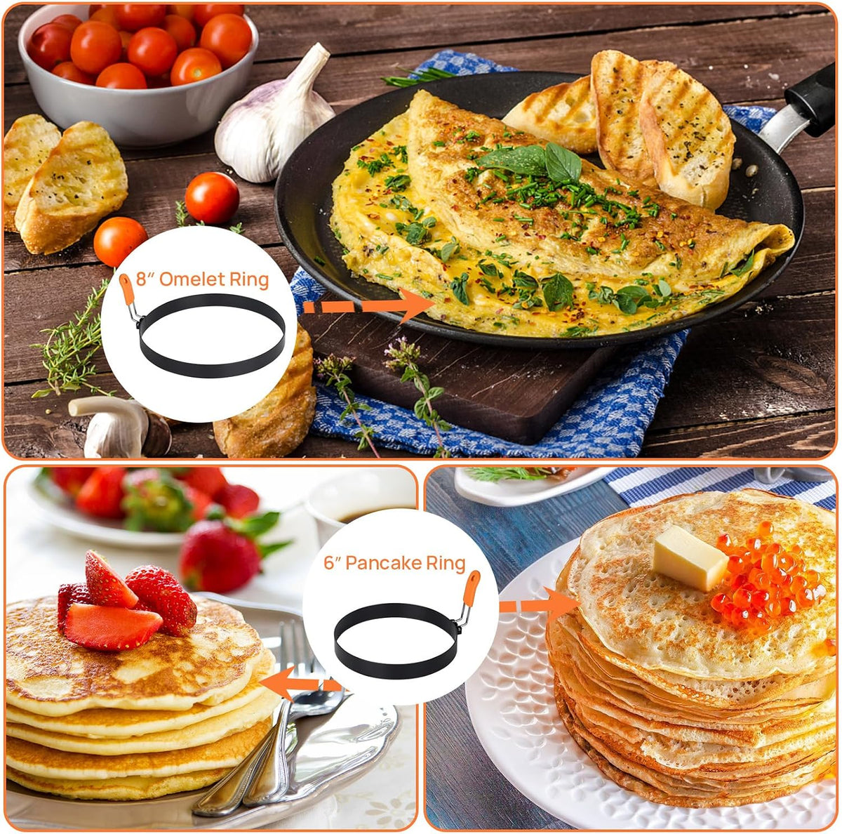 Hhyn Round & Square Egg Rings Set with Orange Silicone Handle