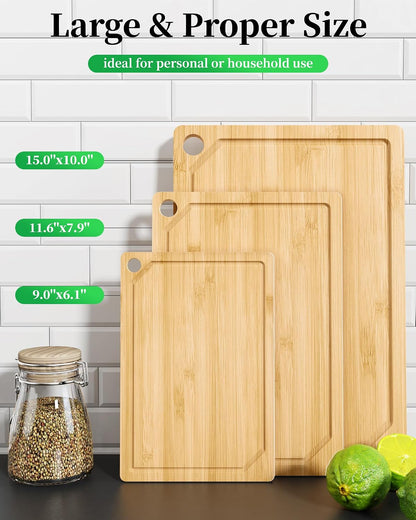 Kitsure Bamboo Cutting Board Set - Multi-Sizes Wooden Cutting Boards for Kitchen, Convenient Kitchen Essentials with Deep Juice Grooves, Cutting Board for Chopping & Serving, 2 Pack, Natural