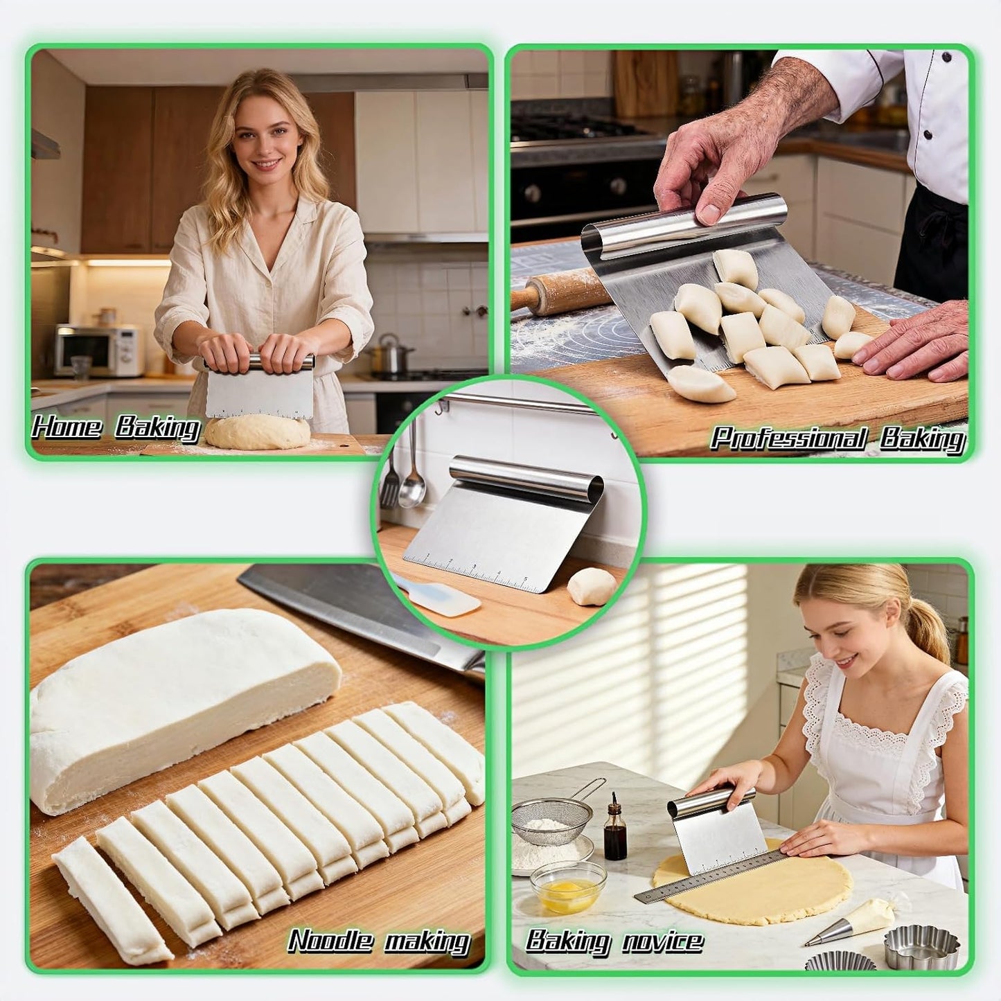 Stainless Steel Dough Scraper with Measuring Scale - Multi-Purpose Kitchen Tool for Baking, Pizza, Grilling, Pastry Cutter & Vegetable Chopper | Ergonomic Handle & Rust-Proof Design
