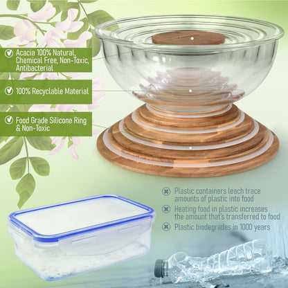 Set of 4 Stackable Space-Saving Nesting Glass Bowls with Airtight Acacia Lids for Lunch, Meal & Food Prep - Microwave & Oven-ready BPA Free Durable Heat Resistant Inert Borosilicate Glass