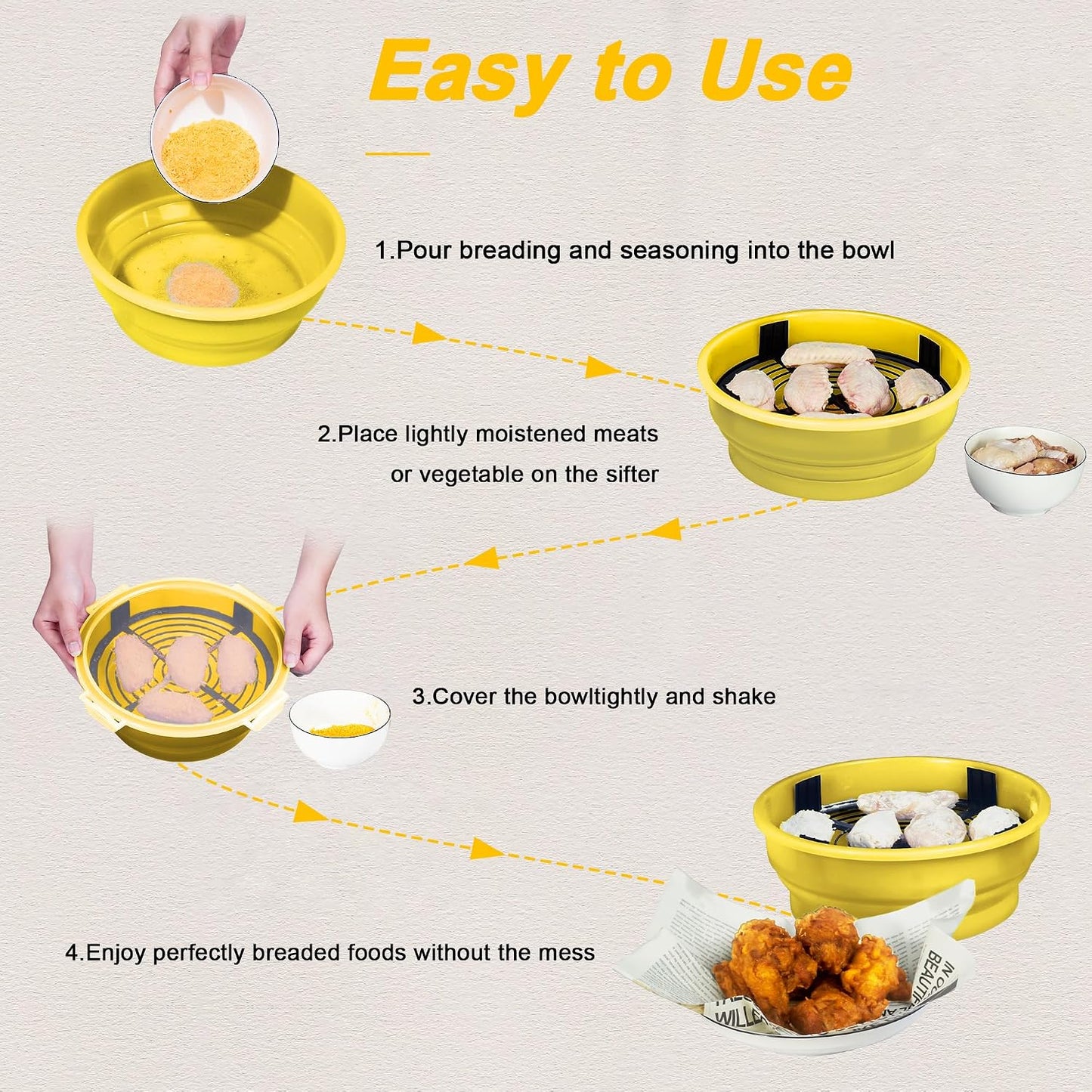 FJNATINH Collapsible Batter Bowl - Mess Free Better Breader Shaker Bowl with Lid Breading Shaker Container for Fried Fish, Fried Chicken, Onion Rings & More,No Leak,Easy to Store,Light Blue
