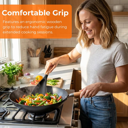 Cooking Spoon Multifunction Spoonula Silicone Spatula Spoon 2-Pack, Dual-Use Heat Resistant 446°F, BPA-Free Non-Toxic Wooden Handle Rice Spoon Set for Non-Stick Cookware & Rice Cookers (Black)