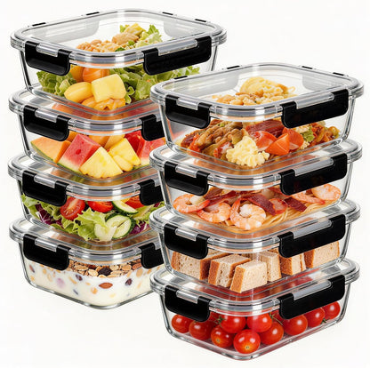 8-Piece 36oz Glass Meal Prep Container Set Clear Glass Food Storage Containers Set, Airtight Food Storage Containers for Coffee, Sugar, Flour, Spices, BPA-Free