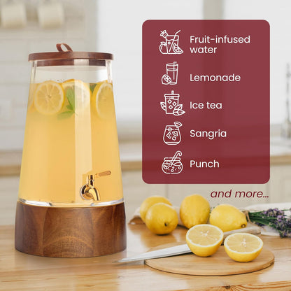 FOODLE Extra Large Glass Drink Dispenser with Spigot - Glass Beverage Dispenser with Stand - Perfect for Parties & Catering - Pitcher for Lemonade, Water, Sangria & Juice - Leakproof Spout - 3 Gallon
