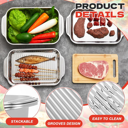 4 Pcs Grill Prep Set – Stainless Steel BBQ Prep & Serve Tray, Marinade Containers with Lids and Cutting Board for Outdoor Grilling, BBQ, Marinating (Deep Tray)
