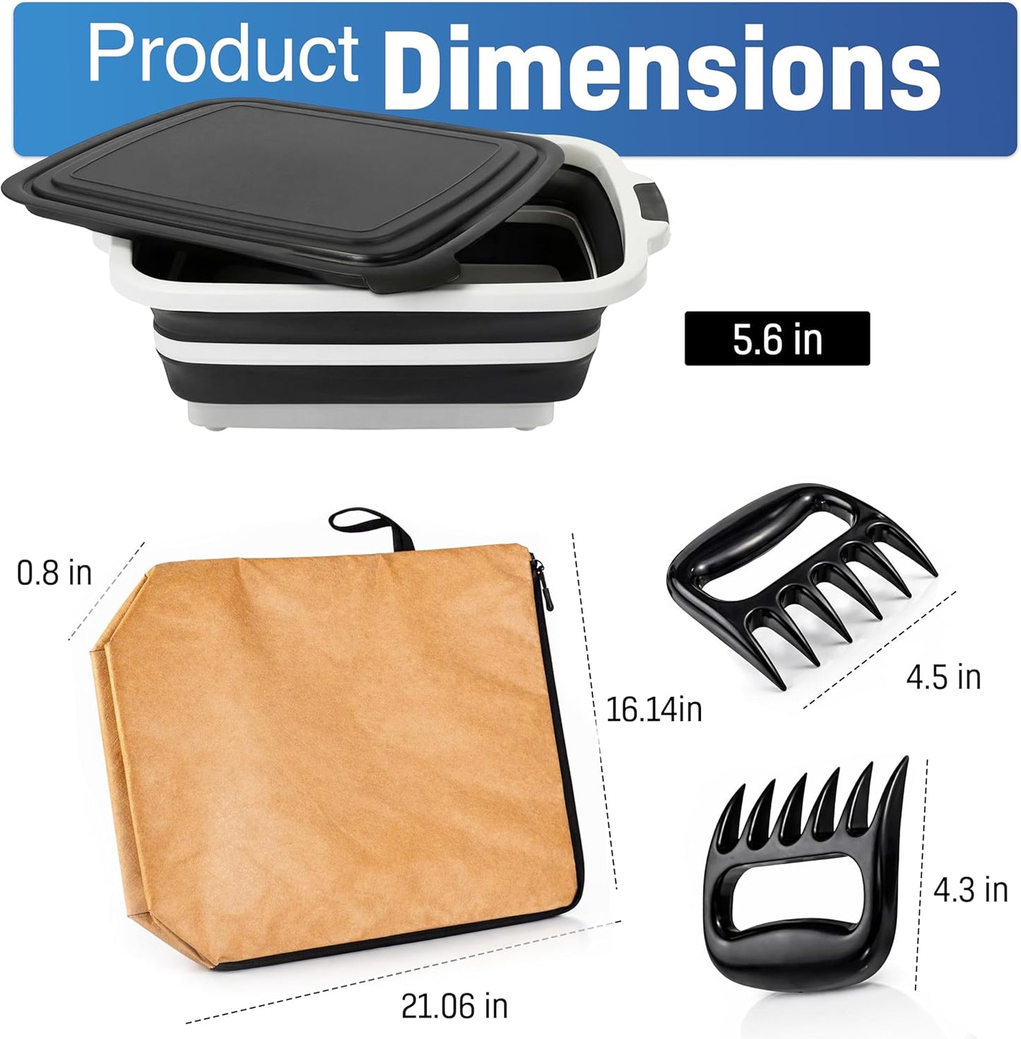 3pcs Barbecue Prep Tub, BBQ Blanket, Meat Shredder Claws | Collapsible 3 in 1 Cutting Board with Colander & Dish Basin, Insulated 21" Meat Resting Bag, Barbecue Grilling Accessories