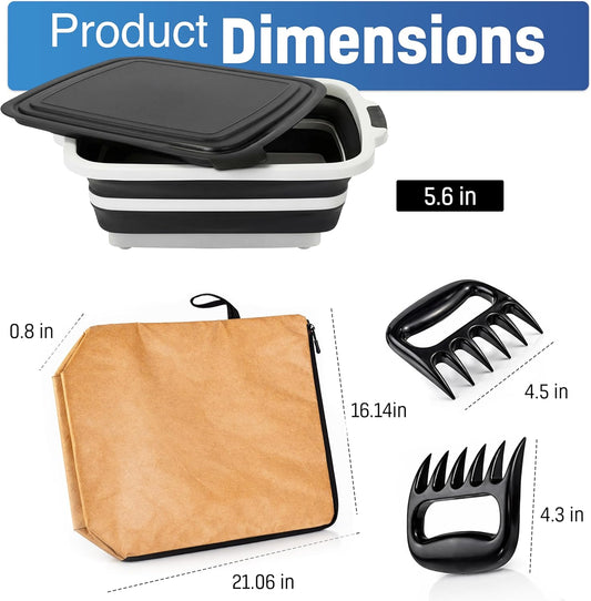 3pcs Barbecue Prep Tub, BBQ Blanket, Meat Shredder Claws | Collapsible 3 in 1 Cutting Board with Colander & Dish Basin, Insulated 21" Meat Resting Bag, Barbecue Grilling Accessories