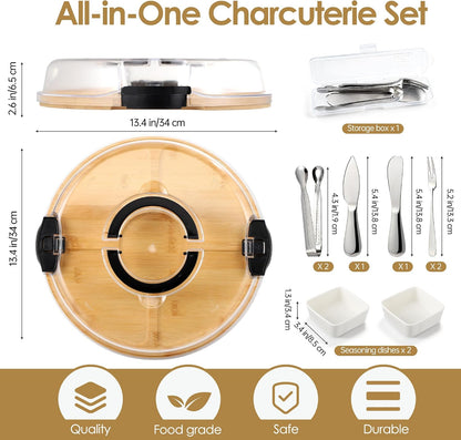 Kochorie 10 Pieces Portable Bamboo Cheese Board Set Charcuterie Board with Lid and Handle, Knife Set Meat Fruit Serving Tray Platter for Travel Picnic Kitchen House Warming Gifts (Rectangular)