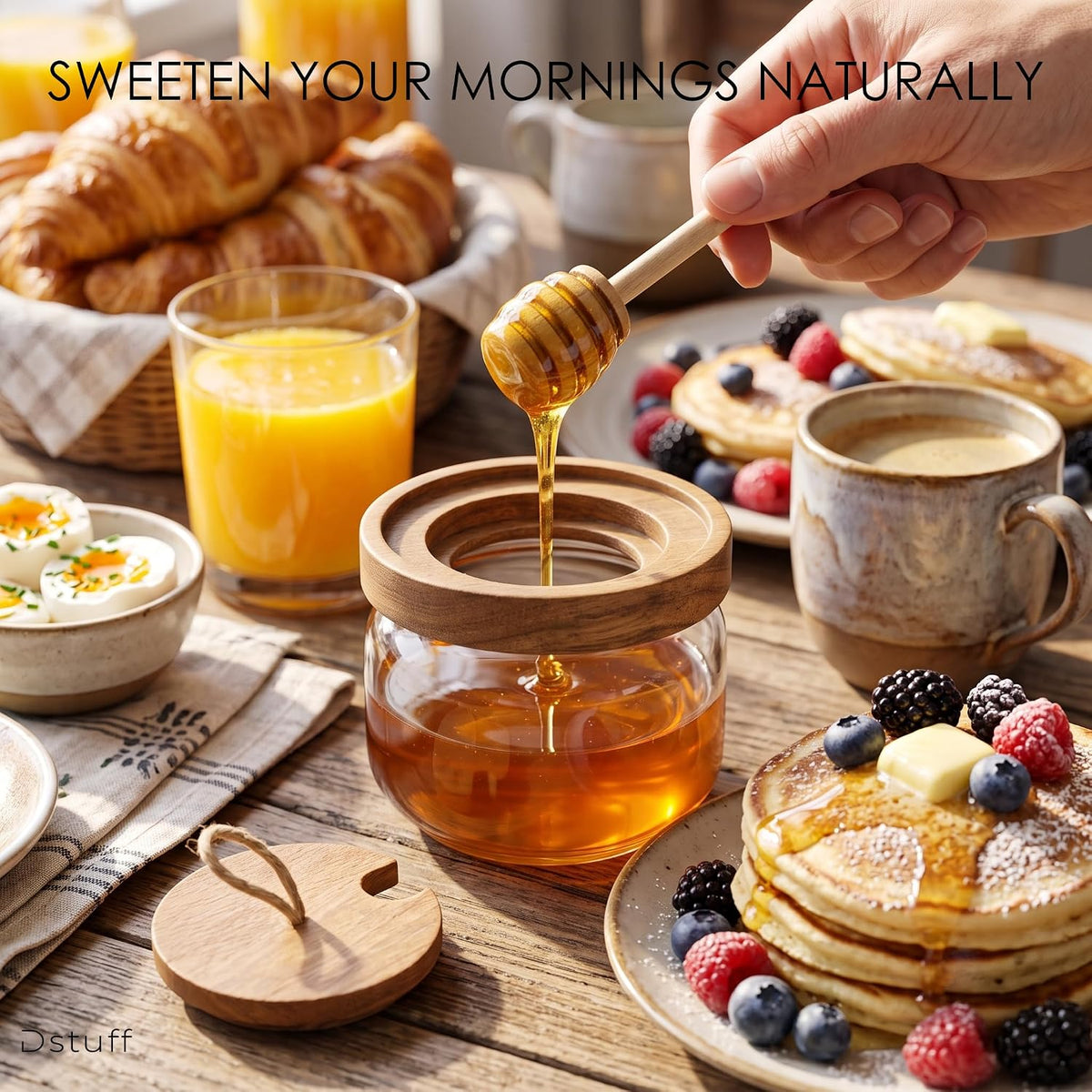 Honey Jar Pot Glass Holder Dispenser Set with Wooden Dipper Stick and Acacia Lid Cover - 9 Oz Honey Jar with Dipper and Lid - Modern Glass Honey Dispenser & Honey Drizzler for Home Kitchen Decor