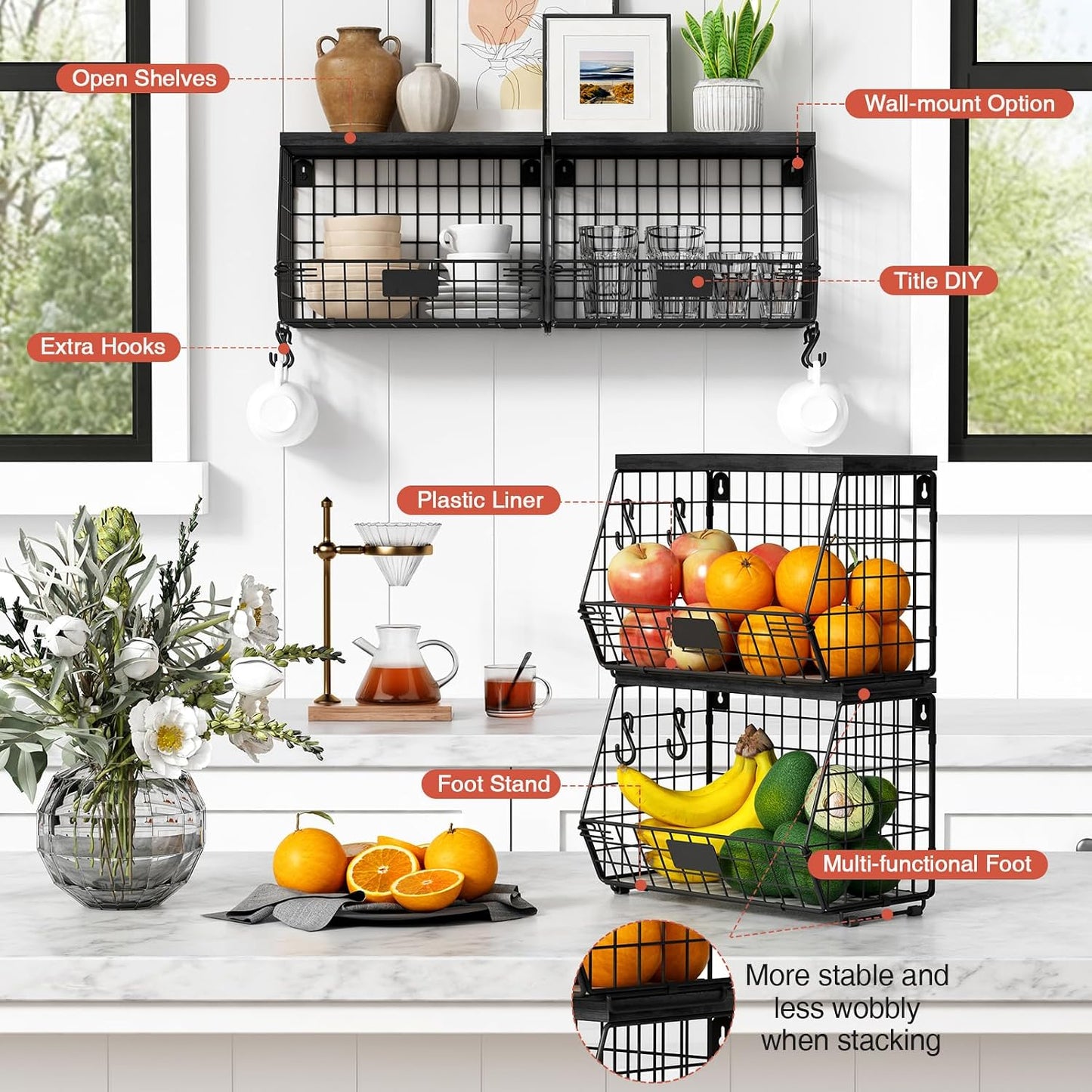 Goozii Hanging Wall Fruit Basket for Kitchen Counter 2 Pack, Stackable Wire Baskets for Organizing with Wood Lid, Potato and Onion Storage Bin with Banana Hook for Vegetable Produce, Black + Rustic