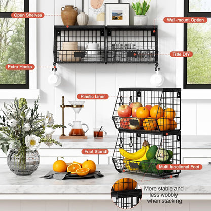 Goozii Hanging Wall Fruit Basket for Kitchen Counter 2 Pack, Stackable Wire Baskets for Organizing with Wood Lid, Potato and Onion Storage Bin with Banana Hook for Vegetable Produce, Black + Rustic