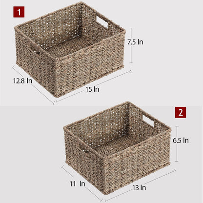 HOONEX Water Hyacinth Storage Baskets, Wicker Baskets for Storage, Hand Woven Baskets with Carry Handles, Set of 2, Natural